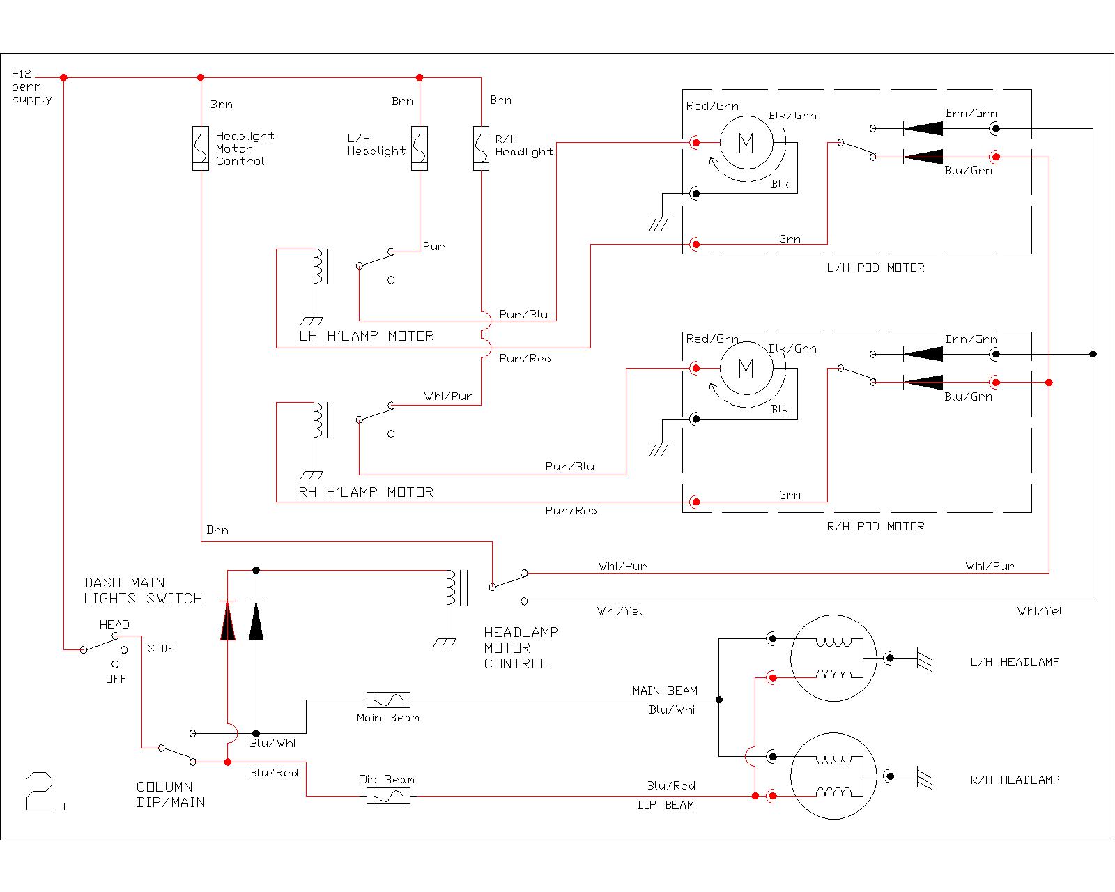 A 12v feed appears at one of the two diodes feeding the coil of the Headlamp Motor Control relay. This causes the relay to change over ...